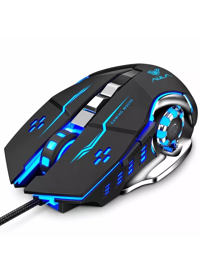 AULA S20 Gaming Mouse, 4800 DPI Wired USB Optical Mouse, 6 Programmable Buttons, Macro Software, Adjustable DPI & LED Lighting (Black) - Image 1