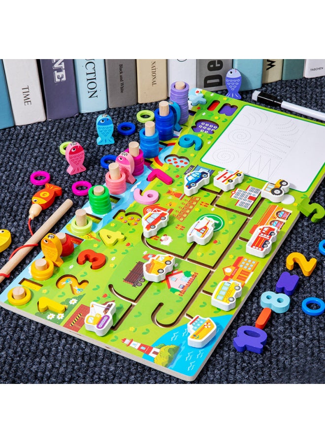 لعبة أحجية خشبية للتعليم المبكر للأطفال، لوحة لوغاريتمية مرورية متعددة الوظائف، لغز معرفي رقمي، لعبة مكعبات البناء - اللون: qzy-أربعة أوضاع متحركة لوحة لوغاريتمية - حركة المرور 0.8 - Image 1