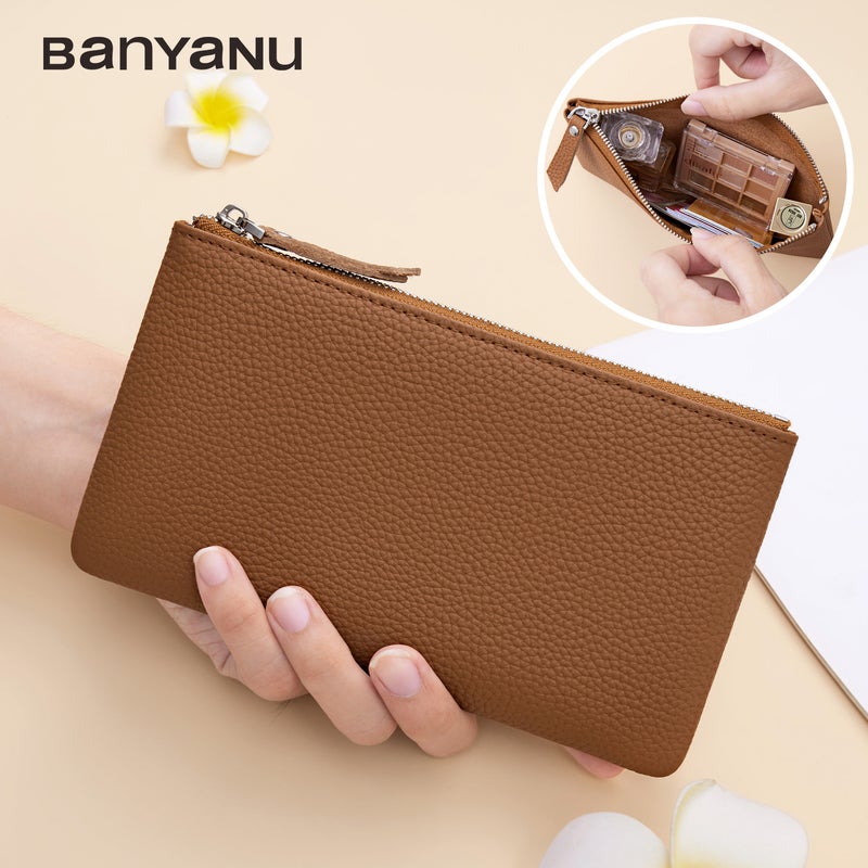 banyanu Portable genuine leather zippered coin purse, mini coin purse for women, can hold credit cards, folded banknotes, ID card, keys, earphones, lipstick, etc. (Brown) - Image 2