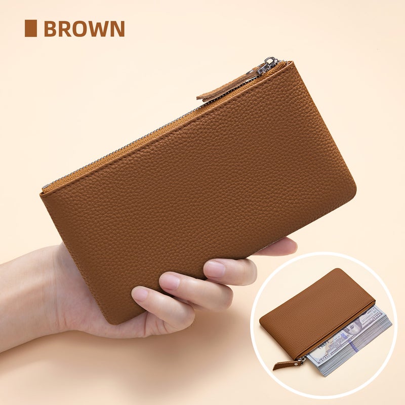 banyanu Portable genuine leather zippered coin purse, mini coin purse for women, can hold credit cards, folded banknotes, ID card, keys, earphones, lipstick, etc. (Brown) - Image 1