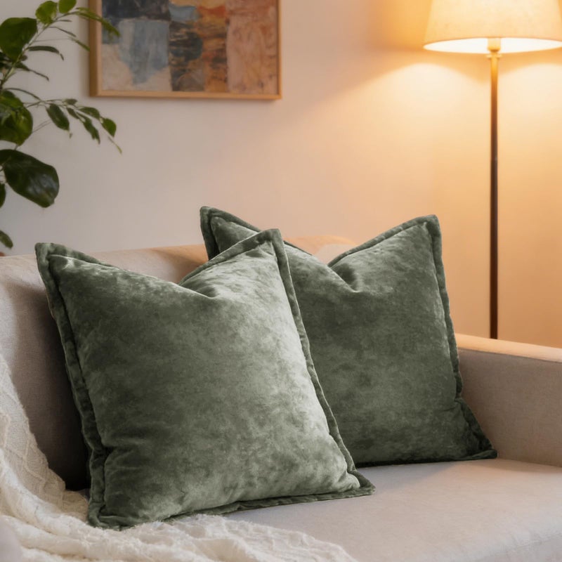 COCOPLOCEUS Luxurious Velvet Euro Shams Decorative Throw Pillow Covers 26x26 Set of 2 Solid Square Euro Pillow Shams for Sofa Couch Bedroom, Army Green - Image 1