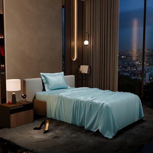 Stoa Paris Single Bedsheet with 1 Pillow Cover, 300TC Satin Premium Bedding Set, Home Decor, Wedding Gift for Couples, Housewarming, Anniversary, Date Night - Dreamy Blue - Image 1