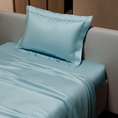 Stoa Paris Single Bedsheet with 1 Pillow Cover, 300TC Satin Premium Bedding Set, Home Decor, Wedding Gift for Couples, Housewarming, Anniversary, Date Night - Dreamy Blue - Image 4