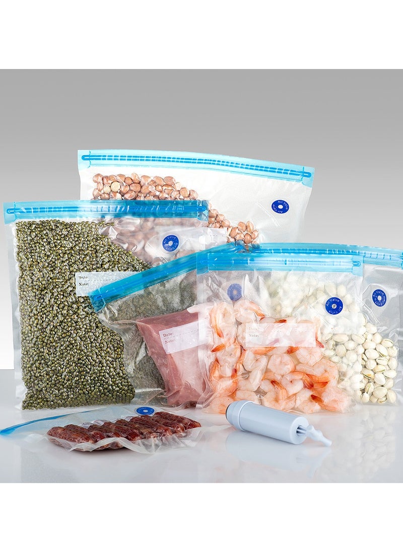 ELIKLIV - Food Vacuum Compression Bag Set - 3 sizes reusable, 15 bags + 1 pump + 3 clips + 3 iron clips, food grade material is safe for freezing / microwave / high temperature cooking, widely used for food and valuables storage, simple and easy to clean. - Image 1