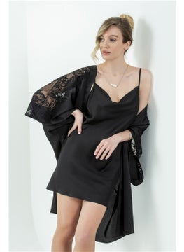 Magic Form 6790 Women's Black Cowl Collar Crepe Satin Short Nightgown  - Image 1