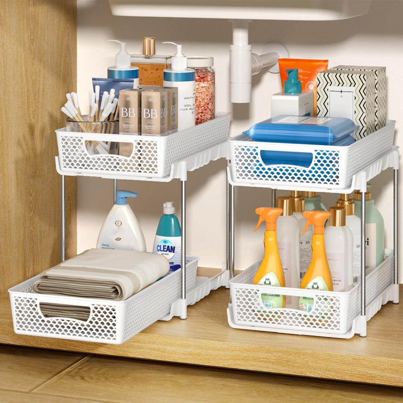 DABIGE 2 Pack Pull Out Bathroom Organizers and Storage, 2 Tier Stackable Under Sink Storage Organizer for Bathroom, Kitchen Cabinet, Pantry, and Medicine Holder, Organization and Storage - White - Image 1