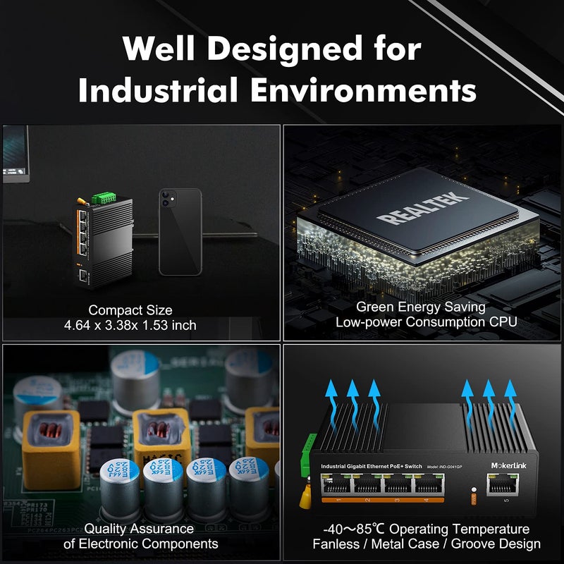 MokerLink مفتاح 5 منافذ PoE جيجابت صناعي DIN-Rail إيثرنت، سعة تبديل 14 جيجابت في الثانية، مفتاح شبكة بتصنيف IP40 (من -40 إلى 185 درجة فهرنهايت)، مع مزود طاقة UL - Image 4