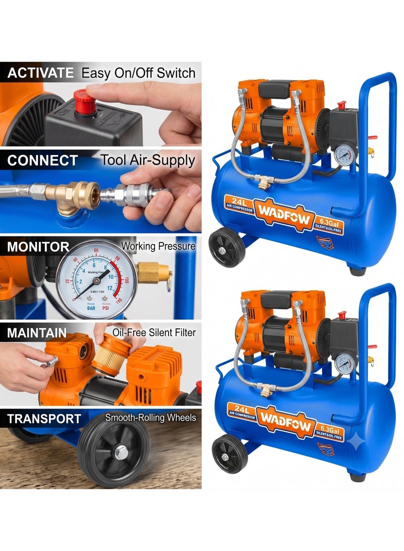 WADFOW 1100W Oil Free Air Compressor 24L – WAP1A24 Ultra Quiet 67dB Portable Air Compressor, 1.5HP Power 8Bar Max Pressure Corded Electric Pump with Aluminum Wire Motor for Pneumatic Tools and Inflation - Image 3