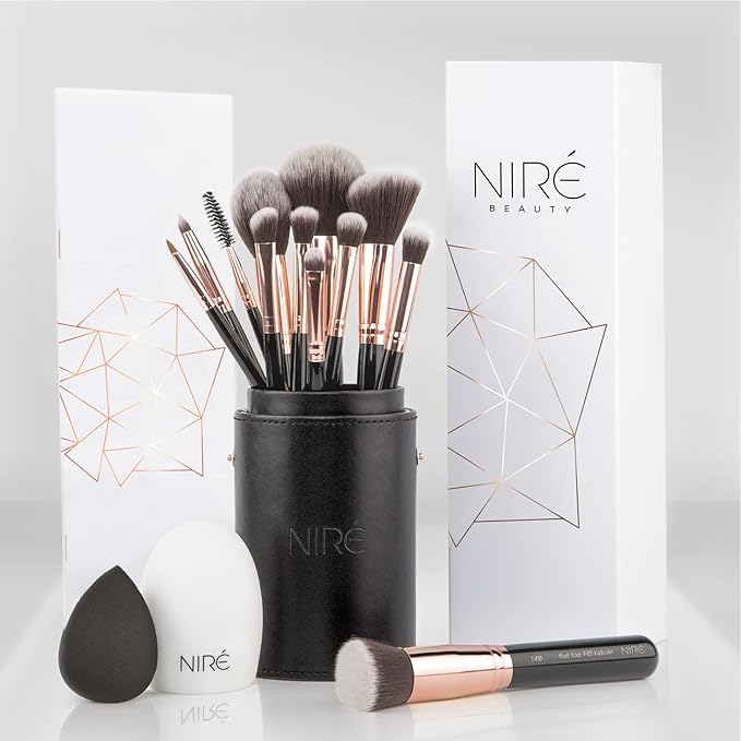 Nire Nir Beauty Professional Makeup Brushes 15piece Award Winning Vegan Makeup Brush Set with Case Blending Sponge Brush Cleaner Guide Gift Box - Image 1