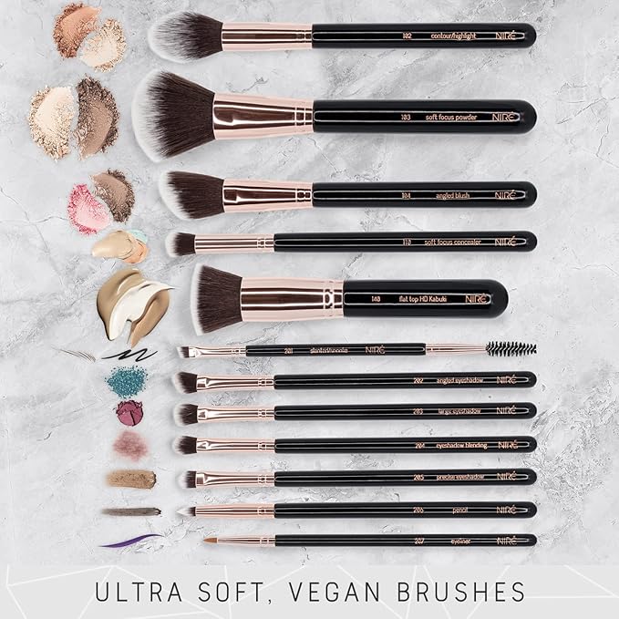 Nire Nir Beauty Professional Makeup Brushes 15piece Award Winning Vegan Makeup Brush Set with Case Blending Sponge Brush Cleaner Guide Gift Box - Image 2