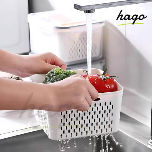hago Fridge Storage Containers with Drain Basket (4-Piece Set) | BPA-Free Refrigerator Organizer Boxes for Vegetables & Fruits | Stackable Kitchen Storage Containers (600ml, 1400ml, 2600ml, 4500ml) - Image 3