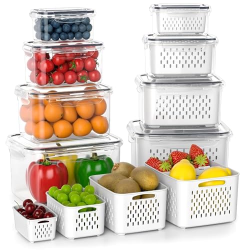 hago Fridge Storage Containers with Drain Basket (4-Piece Set) | BPA-Free Refrigerator Organizer Boxes for Vegetables & Fruits | Stackable Kitchen Storage Containers (600ml, 1400ml, 2600ml, 4500ml) - Image 1