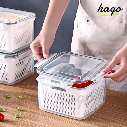 hago Fridge Storage Containers with Drain Basket (4-Piece Set) | BPA-Free Refrigerator Organizer Boxes for Vegetables & Fruits | Stackable Kitchen Storage Containers (600ml, 1400ml, 2600ml, 4500ml) - Image 4