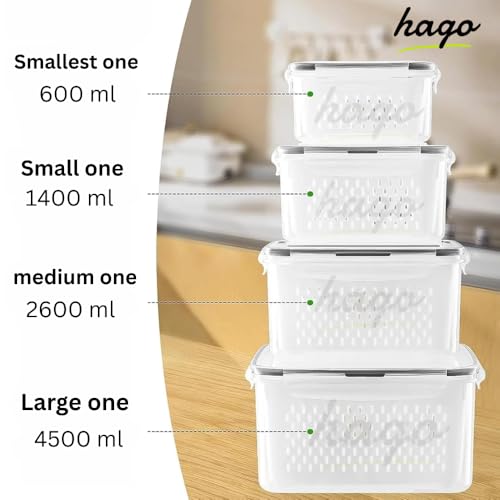 hago Fridge Storage Containers with Drain Basket (4-Piece Set) | BPA-Free Refrigerator Organizer Boxes for Vegetables & Fruits | Stackable Kitchen Storage Containers (600ml, 1400ml, 2600ml, 4500ml) - Image 5