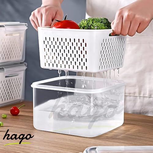 hago Fridge Storage Containers with Drain Basket (4-Piece Set) | BPA-Free Refrigerator Organizer Boxes for Vegetables & Fruits | Stackable Kitchen Storage Containers (600ml, 1400ml, 2600ml, 4500ml) - Image 2