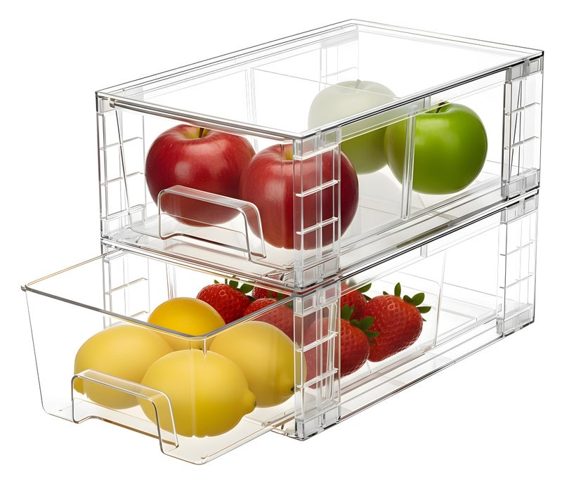 COKIHOM 2 Pack Stackable Storage DrawersPlastic Organizers Bins Drawers Storage with Handles and Movable Dividers for Organization and Storage in FridgeBathroom Pantry Kitchen Cabinets Under Sink - Image 2