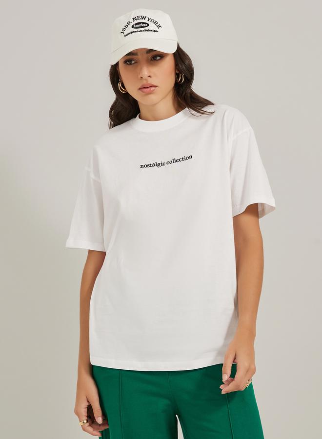 Styli Embroidered Slogan Round Neck Oversized T-Shirt  - Image 3