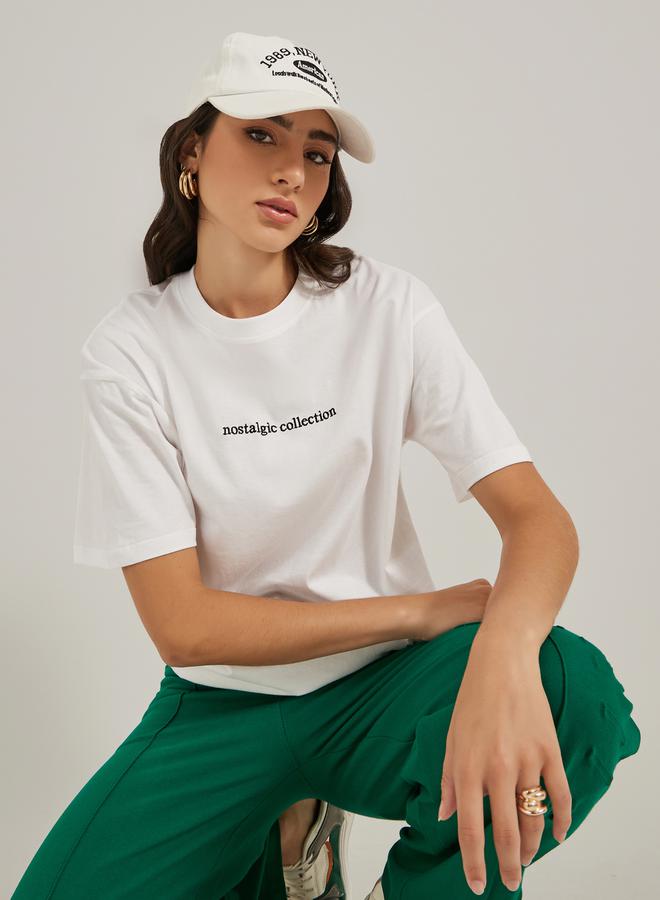 Styli Embroidered Slogan Round Neck Oversized T-Shirt  - Image 1