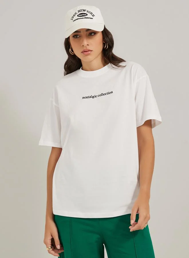 Embroidered Slogan Round Neck Oversized T-Shirt