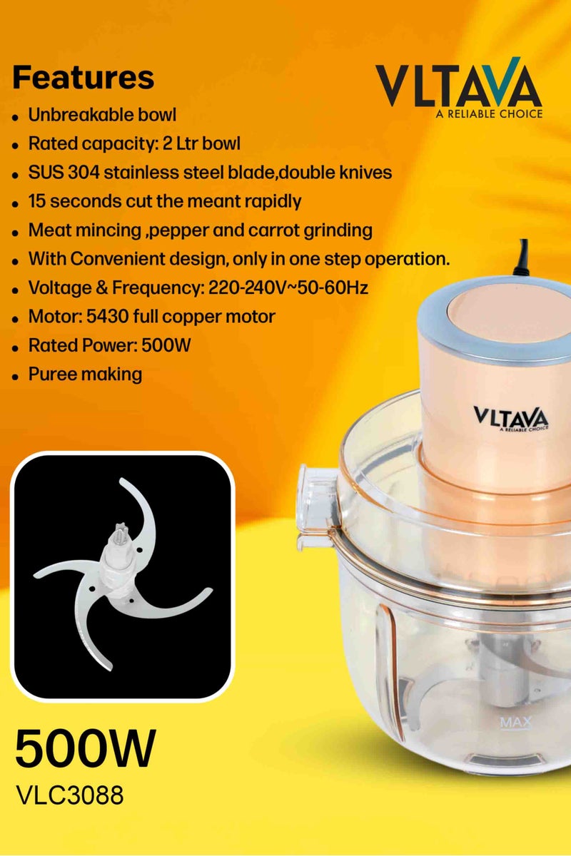 VLTAVA Electric Food Chopper 500W – 2L Glass Bowl | SUS 304 Double Stainless Steel Blade | Full Copper Motor | One-Step Operation | Meat & Vegetable Grinder | Time-Saving Food Processor - VLC3088  - Image 2