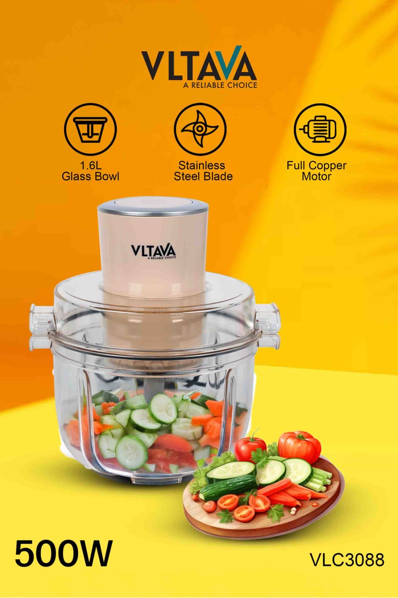 VLTAVA Electric Food Chopper 500W – 2L Glass Bowl | SUS 304 Double Stainless Steel Blade | Full Copper Motor | One-Step Operation | Meat & Vegetable Grinder | Time-Saving Food Processor - VLC3088  - Image 3