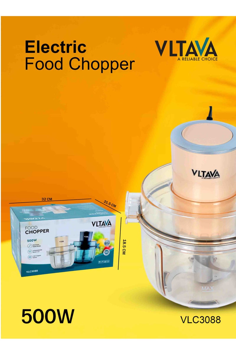 VLTAVA Electric Food Chopper 500W – 2L Glass Bowl | SUS 304 Double Stainless Steel Blade | Full Copper Motor | One-Step Operation | Meat & Vegetable Grinder | Time-Saving Food Processor - VLC3088  - Image 5