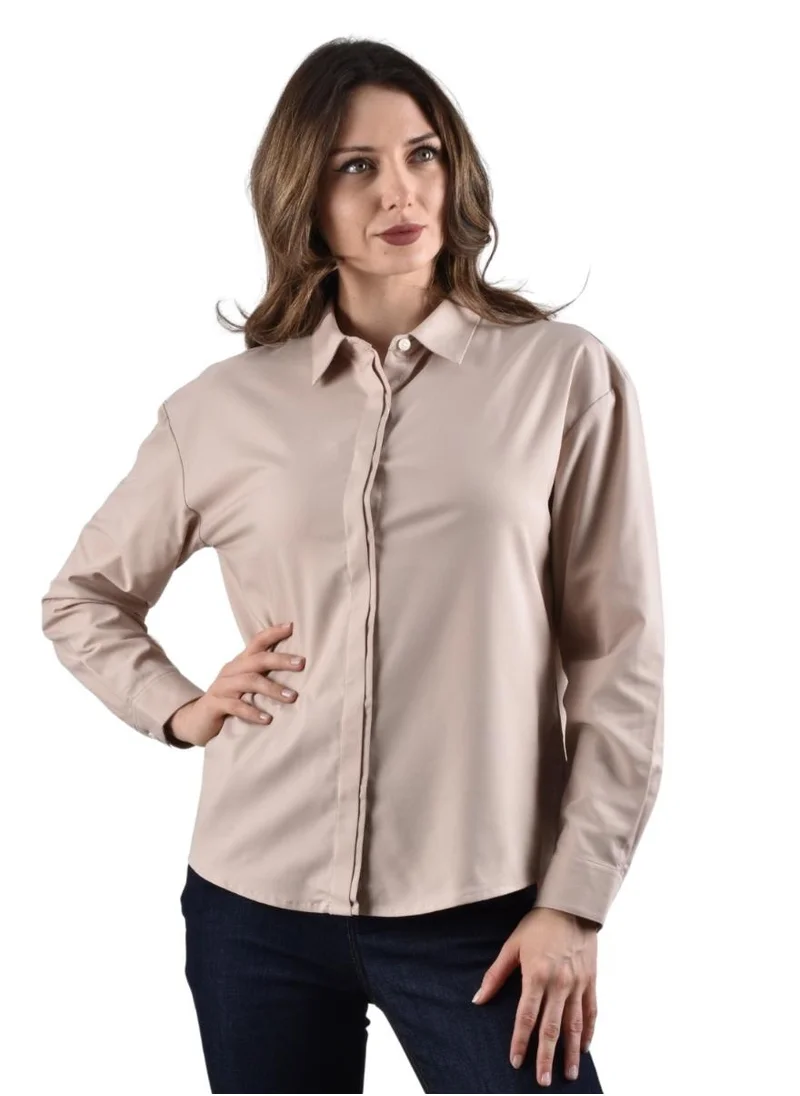 جيوردانو Women's Twill Acute Collar Shirt - Khaki