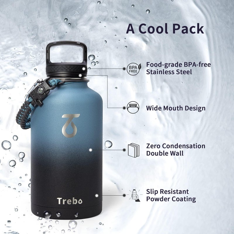 Trebo Water Bottle 64oz with Paracord Handle, Half Gallon Food-grade Double Wall Vacuum Stainless Steel Insulated Jug with Holder Strap Straw Spout Handle Lids, Leakproof Keep Cold & Hot, Indigo/Black - Image 5