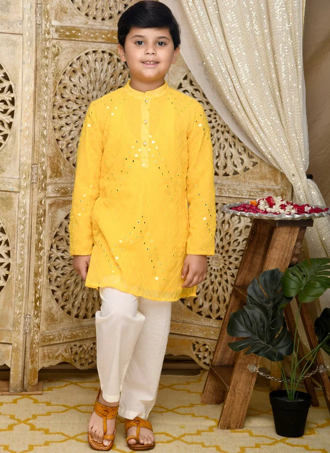 Saka Designs Boys Yellow Embroidered Kurti with Trousers