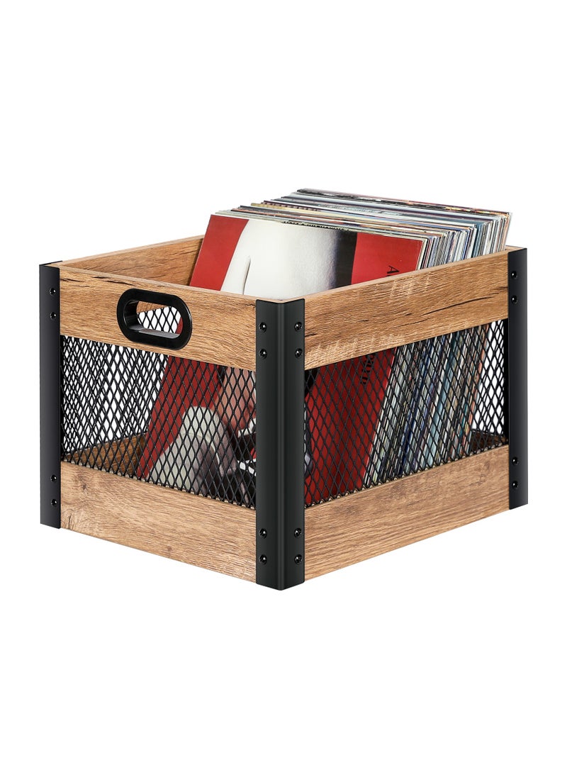 echo AUDIO Echo Audio Vinyl Record Storage Crate, LP Collection Organizer Box Made of Plywood and Metallic Mesh, Carry Handles, 65 Records Storage Capacity, Ideal Home Decor  - Image 1