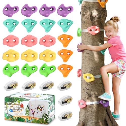 TOPNEW 20 Ninja Tree Climbing Holds for Kids Climber Adult Climbing Rocks with 6 Ratchet Straps for Outdoor Ninja Warrior Obstacle Course Training Soft Color - Image 1