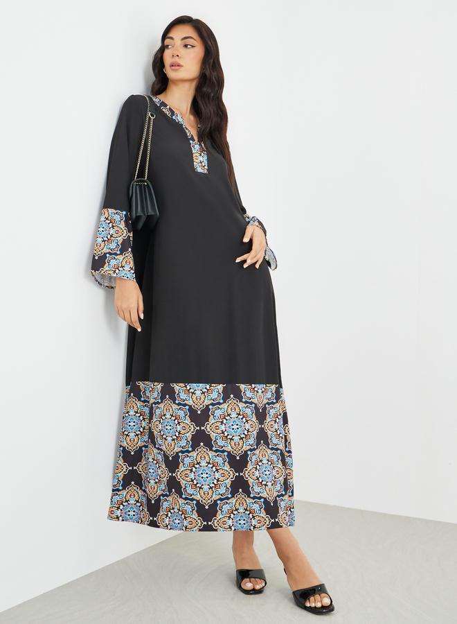 Amirah Printed Notch Neck A-Line Jalabiya - Image 1
