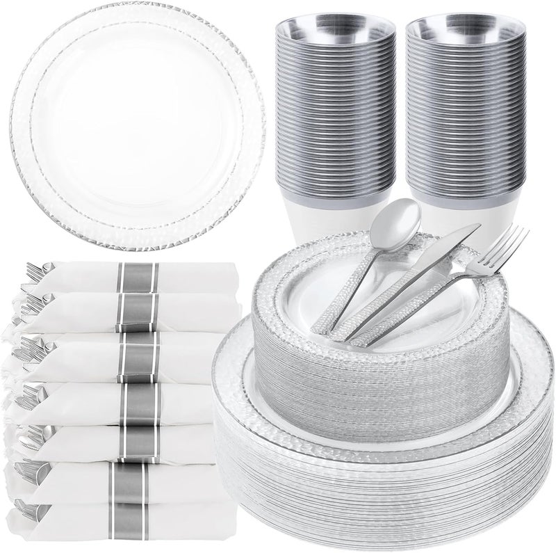 Bestluck 350PCS Clear Plastic Plates with Silver Trim for 50 Guests, Disposable Dinnerware Set for Party & Wedding, Includes 100 Plastic Plates, 50 Pre Rolled Napkins with Silver Silverware, 50 Cups - Image 1
