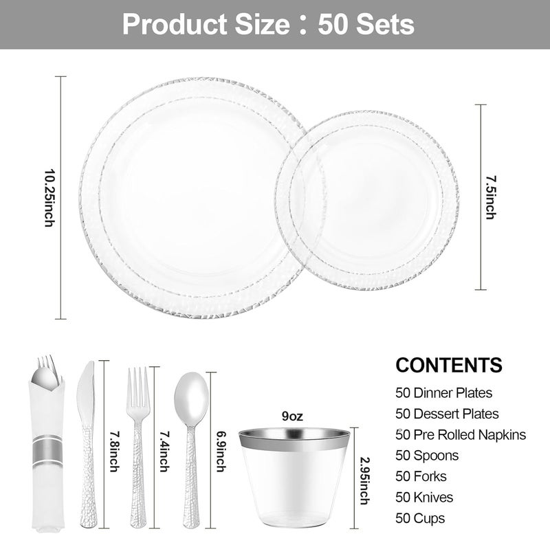 Bestluck 350PCS Clear Plastic Plates with Silver Trim for 50 Guests, Disposable Dinnerware Set for Party & Wedding, Includes 100 Plastic Plates, 50 Pre Rolled Napkins with Silver Silverware, 50 Cups - Image 2
