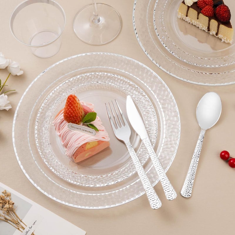 Bestluck 350PCS Clear Plastic Plates with Silver Trim for 50 Guests, Disposable Dinnerware Set for Party & Wedding, Includes 100 Plastic Plates, 50 Pre Rolled Napkins with Silver Silverware, 50 Cups - Image 5