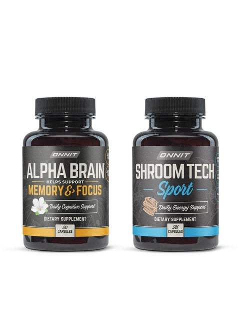 ONNIT Premium Alpha Brain Bundle - Nootropic Brain Supplement (30 Count) for Focus, Concentration & Memory + Shroom Tech Sport for Exercise, Energy & Cardiovascular Performance (28 Count)