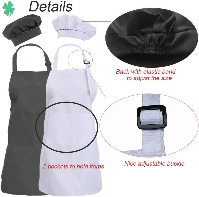 multifuns 2 Sets Black & White Kids Aprons and Chef Hat Set for Girls Boys Baking Cooking Painting 5-12 Ages - Image 3