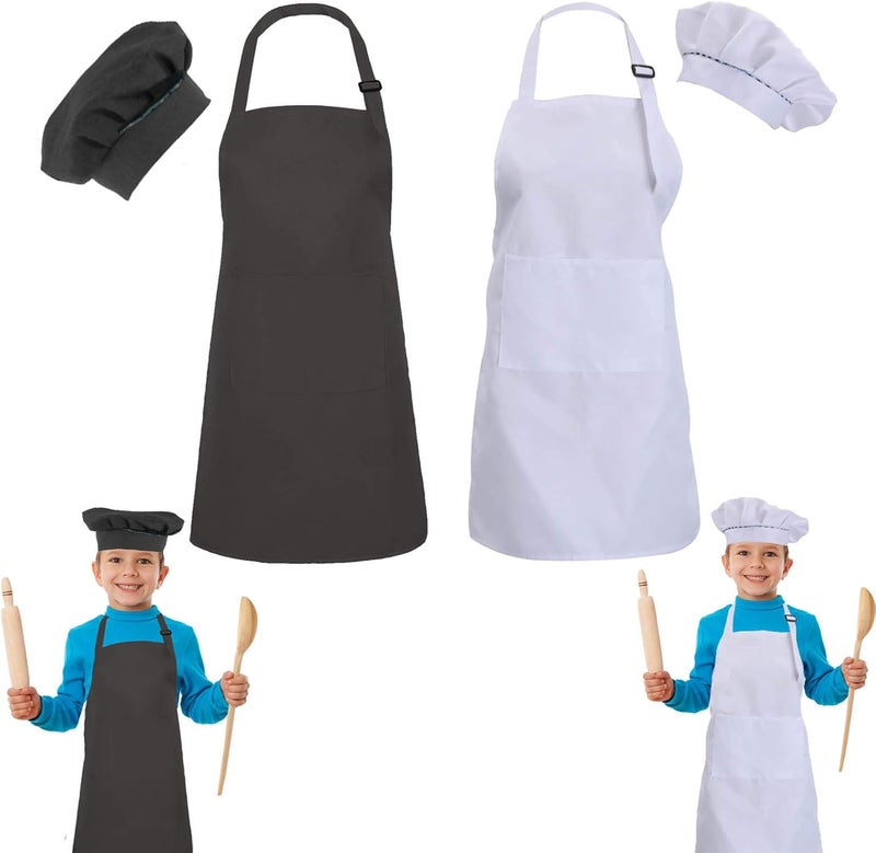 multifuns 2 Sets Black & White Kids Aprons and Chef Hat Set for Girls Boys Baking Cooking Painting 5-12 Ages - Image 1