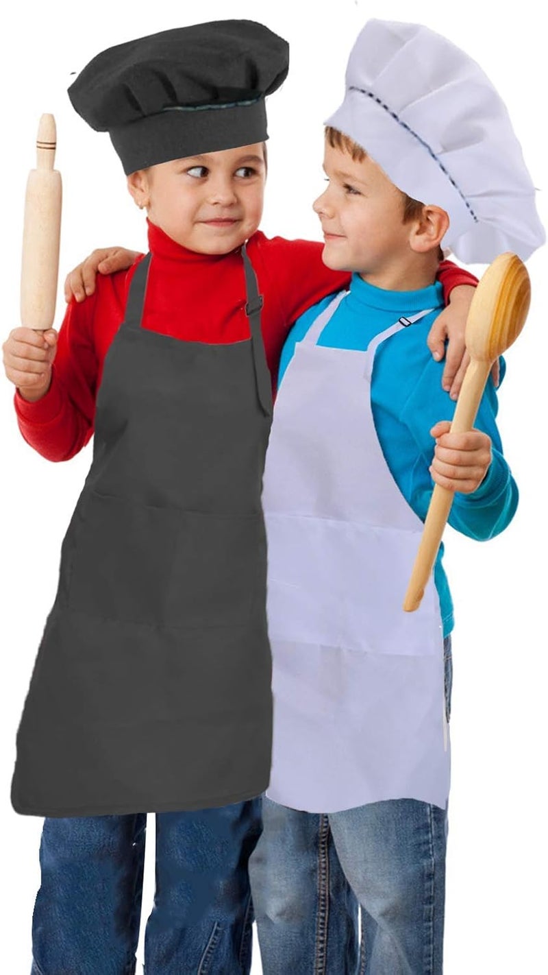 multifuns 2 Sets Black & White Kids Aprons and Chef Hat Set for Girls Boys Baking Cooking Painting 5-12 Ages - Image 2