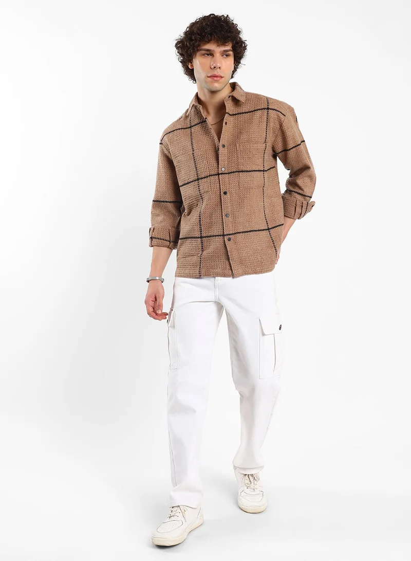 Campus Sutra Men's Ash Brown Graph-Check Waffle Overshirt