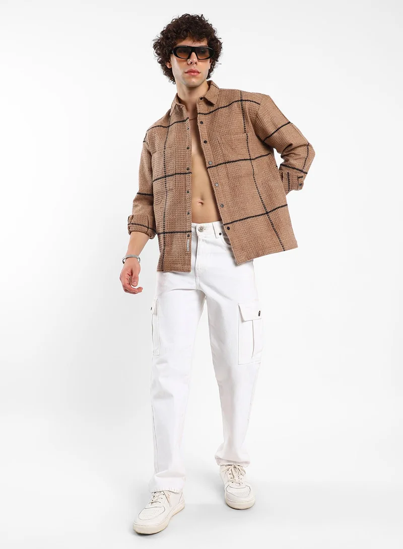 Campus Sutra Men's Ash Brown Graph-Check Waffle Overshirt