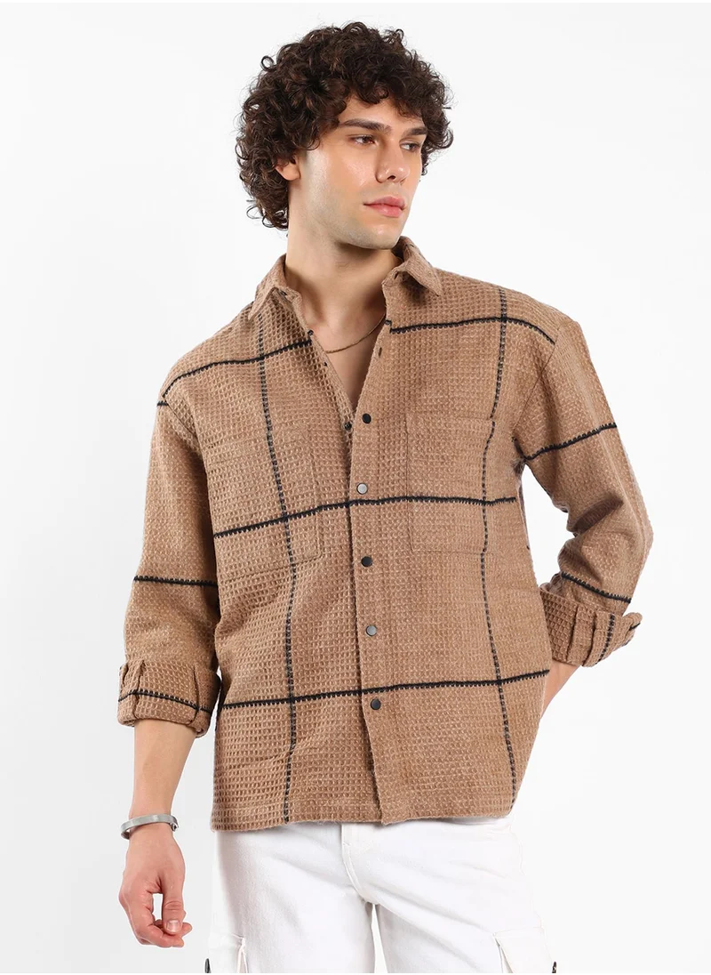 Campus Sutra Men's Ash Brown Graph-Check Waffle Overshirt