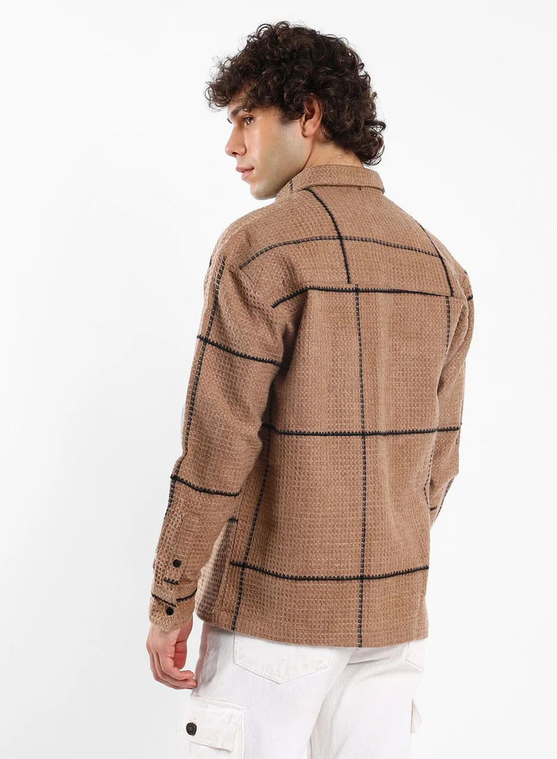 Campus Sutra Men's Ash Brown Graph-Check Waffle Overshirt