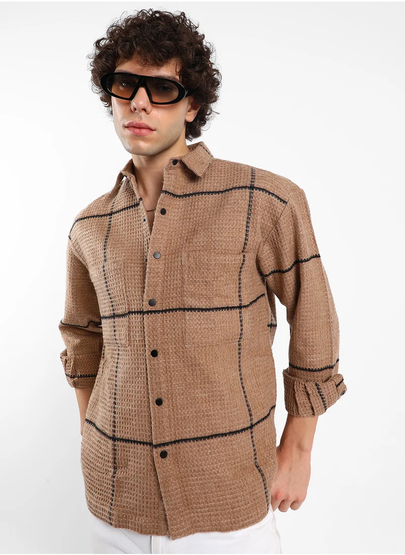 Campus Sutra Men's Ash Brown Graph-Check Waffle Overshirt