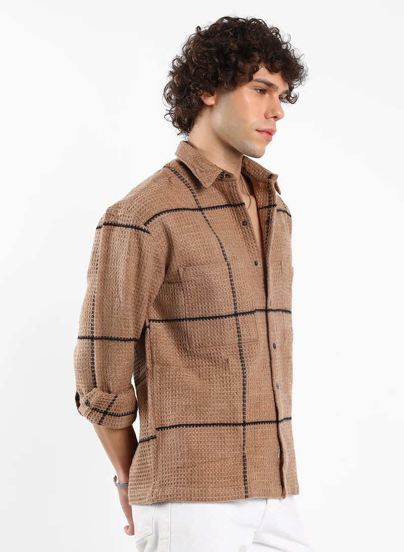 Campus Sutra Men's Ash Brown Graph-Check Waffle Overshirt