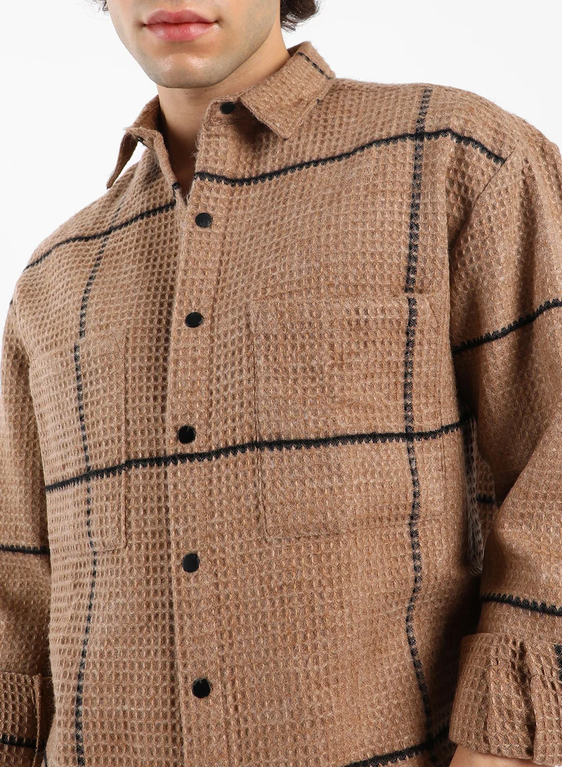 Campus Sutra Men's Ash Brown Graph-Check Waffle Overshirt