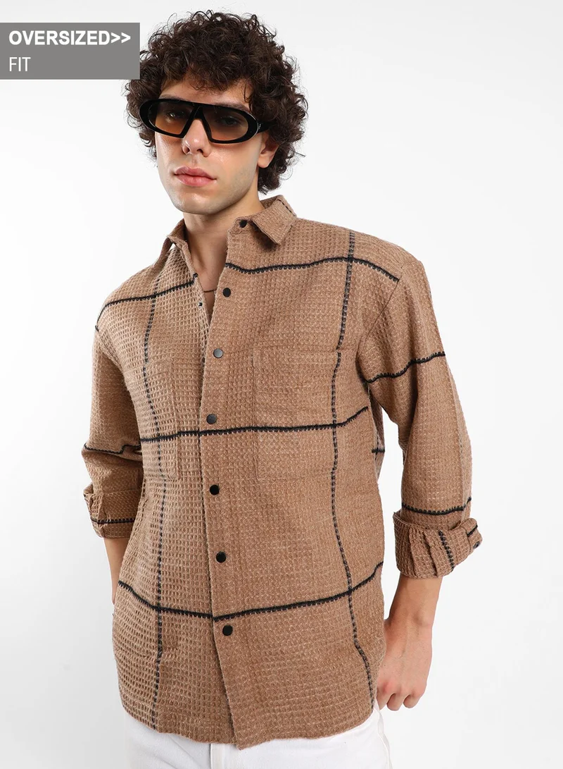Campus Sutra Men's Ash Brown Graph-Check Waffle Overshirt