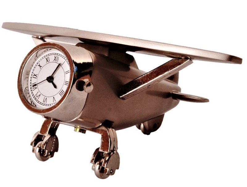 Purpledip Table Clock TimetoFly Aeroplane Design Small Timepiece for Home Office Car Dashboard Or Kids Room Metallic Small 11204 - Image 1