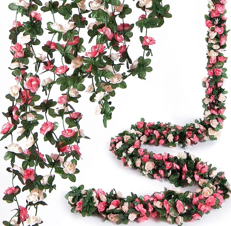 VRB Dec 2 Pcs Artificial Flowers Vine Silk Roses Garland Fake (6 ft Long) Flowers Silk Roses Garland for Wedding Decorations Diwali/Ganpati/Christmas Garden Wall Valentine (Pink Combo Rose Garland) - Image 1