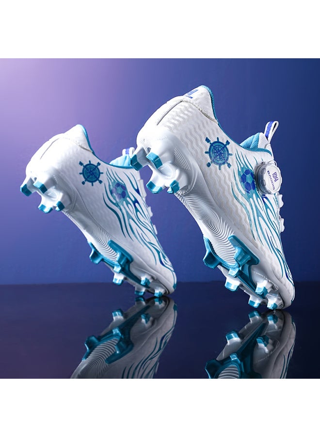 Hydrogen Cloud Joint Children's Football Shoes Boys Pupils Crushed Nail Training Shoes White Blue Long Nail Style Rotating Buckle Shoes for 8-9 Years Old